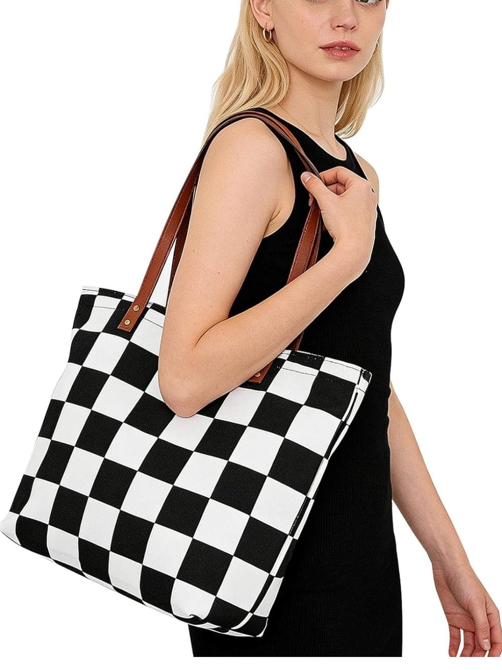 Checkerboard Canvas Tote Bag with Brown Straps